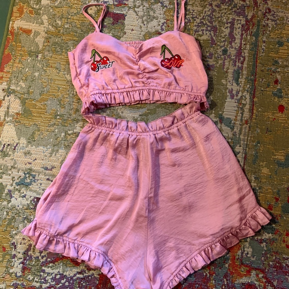 Pink satin ruffle 2 piece set